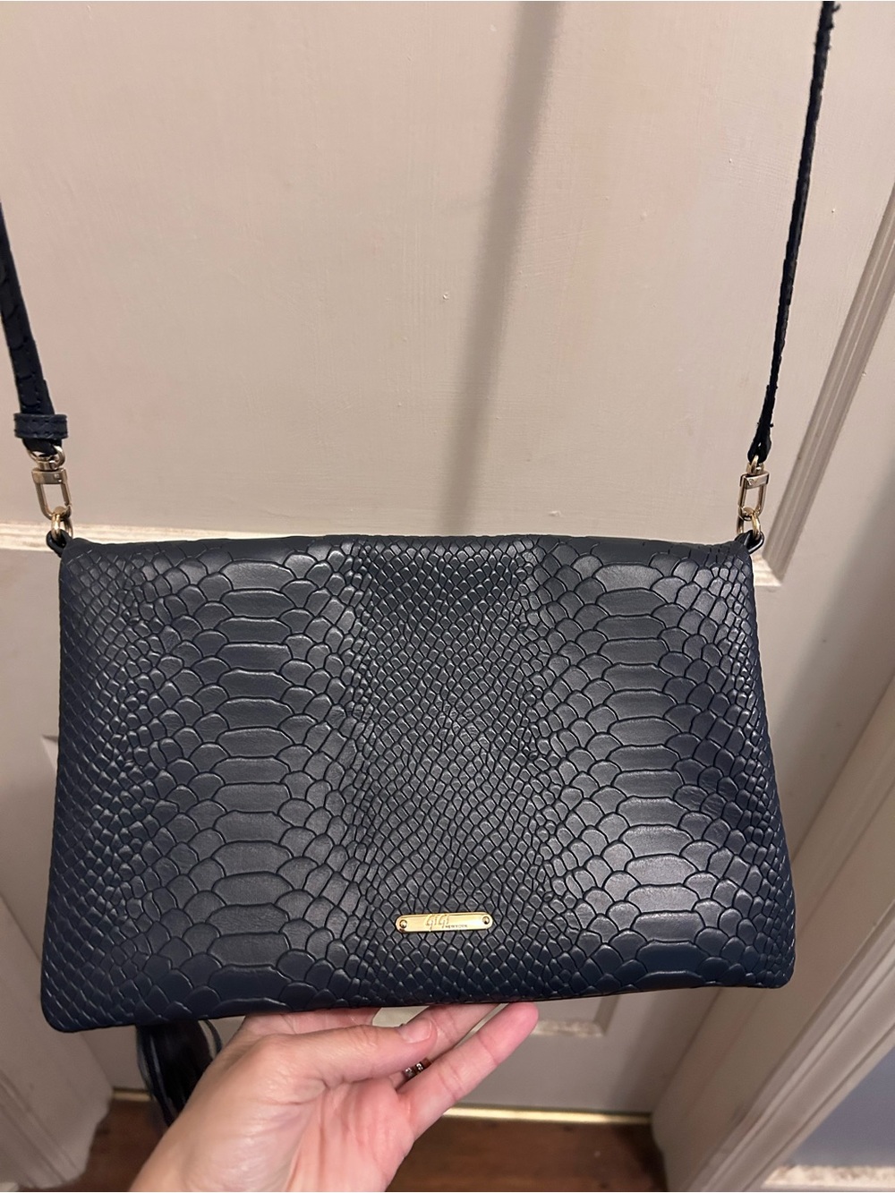 GiGi New York Rachel Navy Foldover Python Embossed Convertible‎ Clutch Crossbody